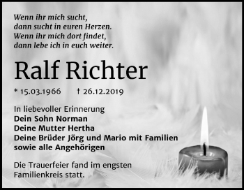 Traueranzeige von Ralf Richter von Wochenspiegel Mansfelder Land