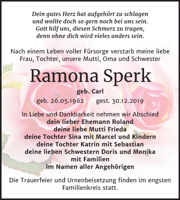 Traueranzeige von Ramona Sperk von Super Sonntag Sangerhausen