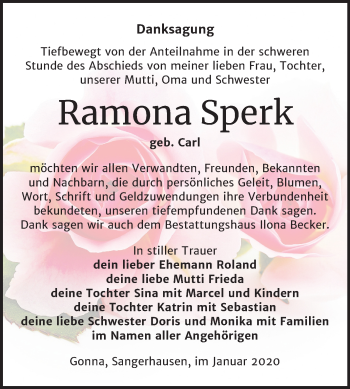 Traueranzeige von Ramona Sperk von Super Sonntag Sangerhausen