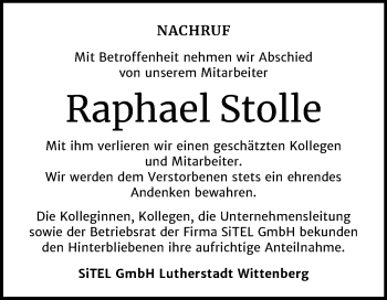 Traueranzeige von Raphael Stolle von Super Sonntag Wittenberg