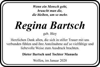 Traueranzeige von Regina Bartsch von Wochenspiegel Bitterfeld