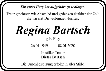 Traueranzeige von Regina Bartsch von Wochenspiegel Bitterfeld