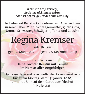 Traueranzeige von Regina Kremser von Mitteldeutsche Zeitung Halle/Saalkreis