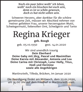 Traueranzeige von Regina Krieger von Mitteldeutsche Zeitung Sangerhausen