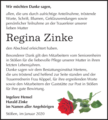 Traueranzeige von Regina Zinke von Wochenspiegel Naumburg/Nebra