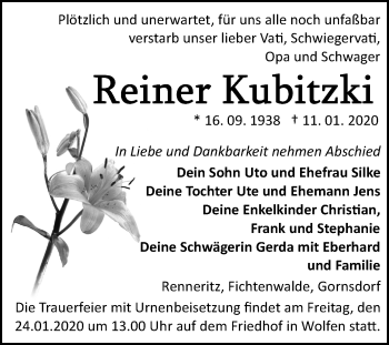 Traueranzeige von Reiner Kubitzki von Wochenspiegel Bitterfeld
