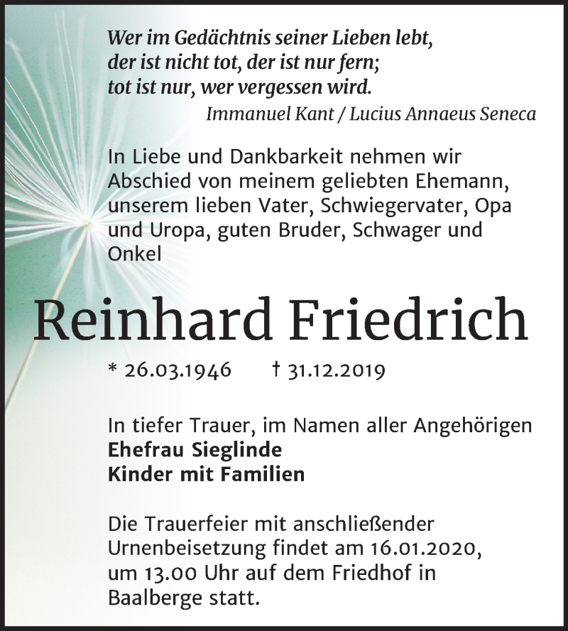  Traueranzeige für Reinhard Friedrich vom 11.01.2020 aus Mitteldeutsche Zeitung Bernburg