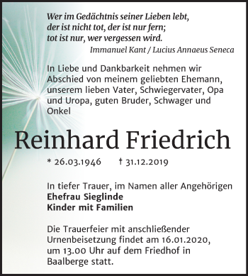 Traueranzeige von Reinhard Friedrich von Mitteldeutsche Zeitung Bernburg