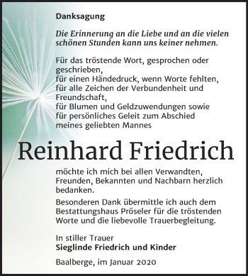 Traueranzeige von Reinhard Friedrich von Mitteldeutsche Zeitung Bernburg