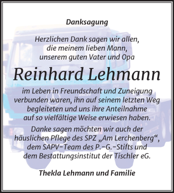 Traueranzeige von Reinhard Lehmann von Mitteldeutsche Zeitung Wittenberg