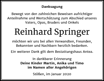 Traueranzeige von Reinhard Springer von Wochenspiegel Naumburg/Nebra