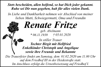 Traueranzeige von Renate Fritze von Super Sonntag Dessau-Roßlau