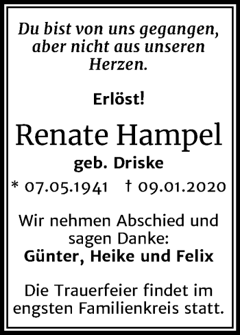Traueranzeige von Renate Hampel von Mitteldeutsche Zeitung Halle/Saalkreis