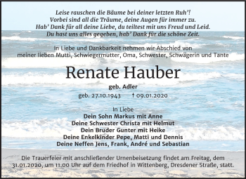 Traueranzeige von Renate Hauher von Super Sonntag Wittenberg