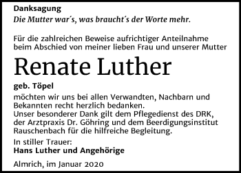 Traueranzeige von Renate Luther von Mitteldeutsche Zeitung Naumburg/Nebra