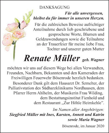 Traueranzeige von Renate Müller von Mitteldeutsche Zeitung Sangerhausen