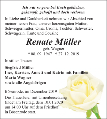 Traueranzeige von Renate Müller von Mitteldeutsche Zeitung Sangerhausen