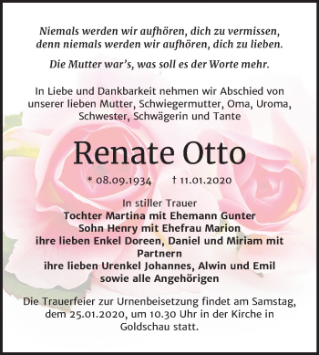 Traueranzeige von Renate Otto von Mitteldeutsche Zeitung Zeitz