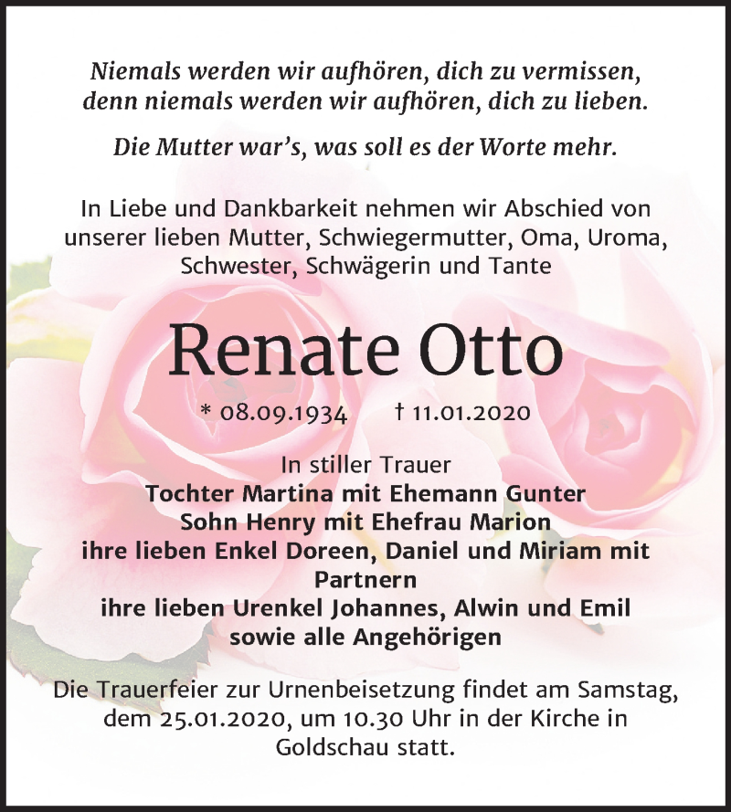  Traueranzeige für Renate Otto vom 18.01.2020 aus Super Sonntag Zeitz