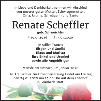 Traueranzeige von Renate Scheffler von Wochenspiegel Mansfelder Land