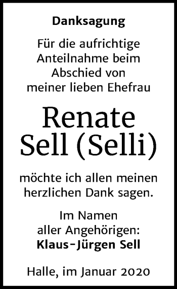 Traueranzeige von Renate Selli von Mitteldeutsche Zeitung Halle/Saalkreis