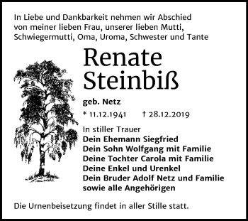 Traueranzeige von Renate Steinbiß von Super Sonntag Wittenberg