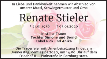 Traueranzeige von Renate Stieler von Super Sonntag Bernburg