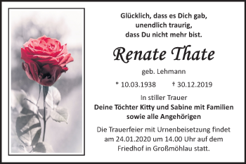 Traueranzeige von Renate Thate von Mitteldeutsche Zeitung Wittenberg