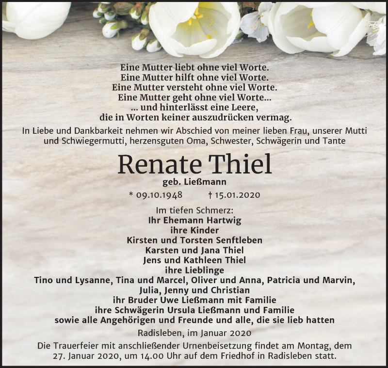  Traueranzeige für Renate Thiel vom 22.01.2020 aus Wochenspiegel Quedlinburg
