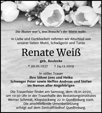 Traueranzeige von Renate Weiß von Mitteldeutsche Zeitung Quedlinburg