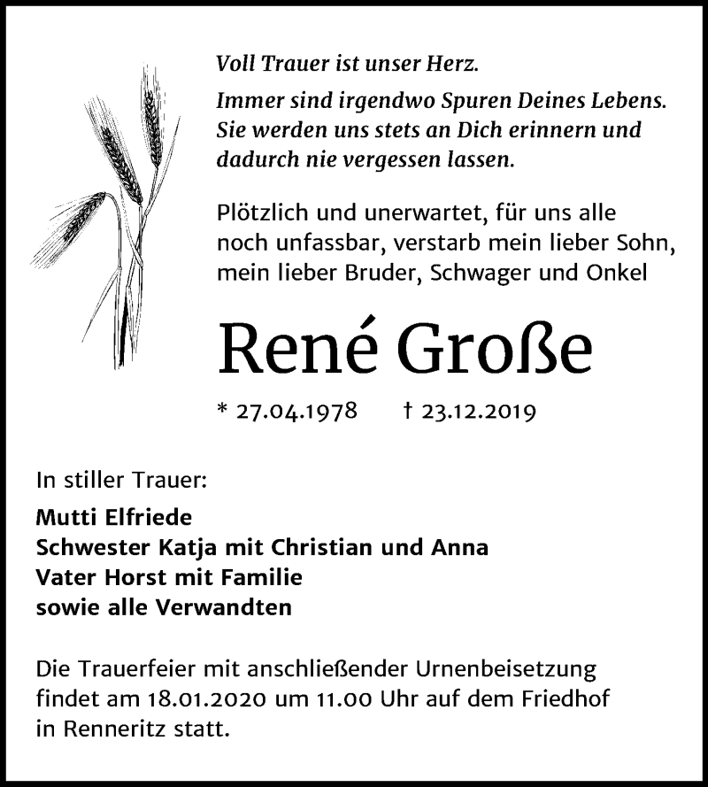  Traueranzeige für René Große vom 11.01.2020 aus Mitteldeutsche Zeitung Bitterfeld