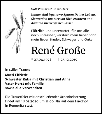 Traueranzeige von René Große von Mitteldeutsche Zeitung Bitterfeld