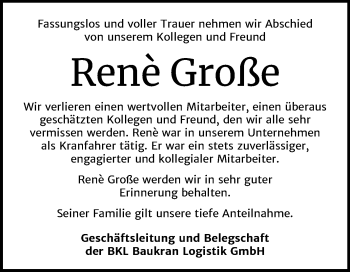 Traueranzeige von René Große von Mitteldeutsche Zeitung Bitterfeld