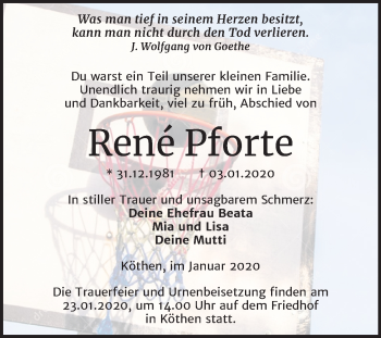 Traueranzeige von René Pforte von Super Sonntag Köthen