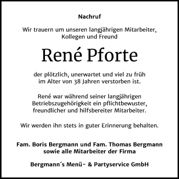 Traueranzeige von René Pforte von Super Sonntag Köthen