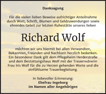 Traueranzeige von Richard Wolf von Wochenspiegel Weißenfels