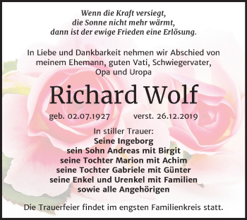 Traueranzeige von Richard Wolf von Mitteldeutsche Zeitung Weißenfels
