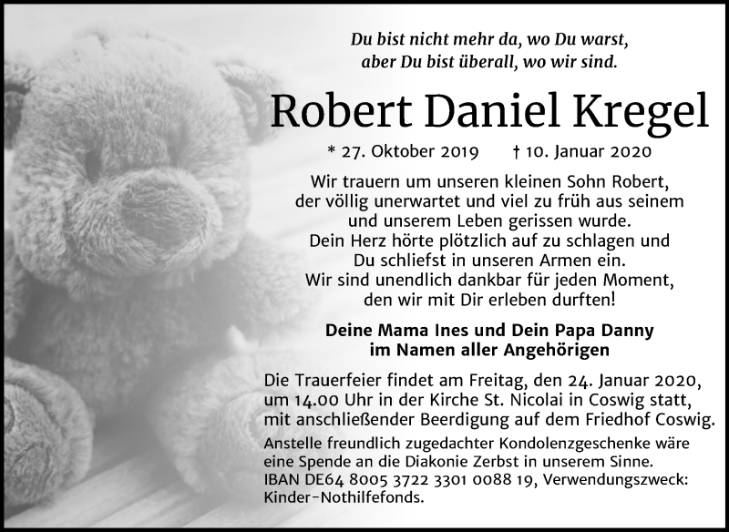  Traueranzeige für Robert Daniel Kregel vom 18.01.2020 aus Mitteldeutsche Zeitung Dessau-Roßlau