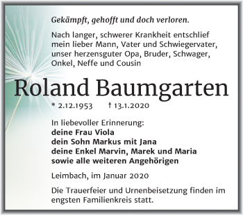 Traueranzeige von Roland Baumgarten von Mitteldeutsche Zeitung Mansfelder Land