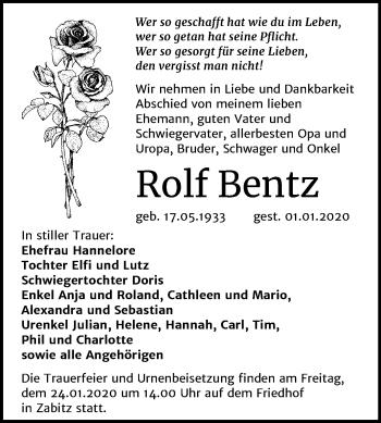 Traueranzeige von Rolf Bentz von Super Sonntag Köthen