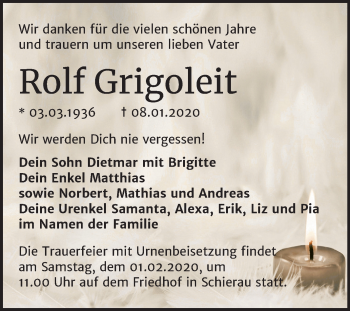 Traueranzeige von Rolf Grigoleit von Wochenspiegel Bitterfeld
