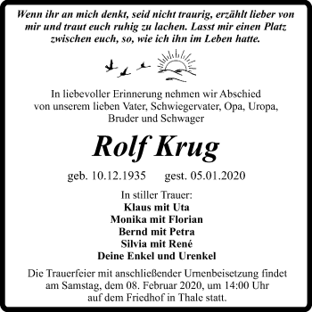 Traueranzeige von Rolf Krug von Super Sonntag Quedlinburg