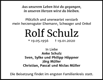 Traueranzeige von Rolf Schulz von Super Sonntag Bernburg