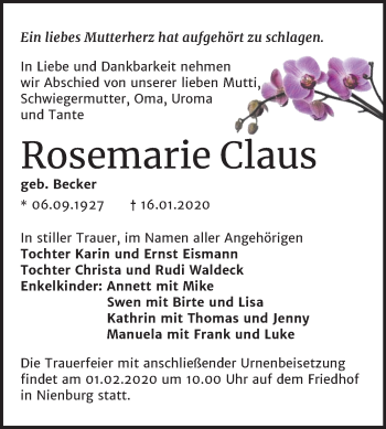 Traueranzeige von Rosemarie Claus von Mitteldeutsche Zeitung Bernburg