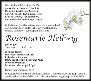 Traueranzeige von Rosemarie Hellwig von Mitteldeutsche Zeitung Quedlinburg