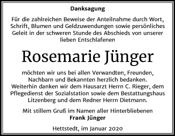 Traueranzeige von Rosemarie Jünger von Mitteldeutsche Zeitung Mansfelder Land