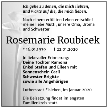 Traueranzeige von Rosemarie Roubicek von Mitteldeutsche Zeitung Mansfelder Land
