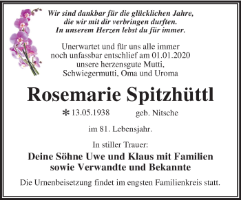 Traueranzeige von Rosemarie Spitzhüttl von Super Sonntag Dessau-Roßlau