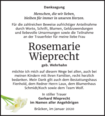 Traueranzeige von Rosemarie Wieprecht von Mitteldeutsche Zeitung Sangerhausen