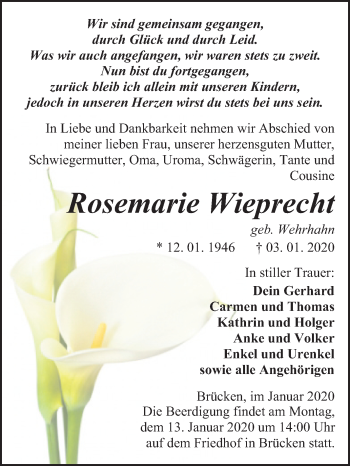 Traueranzeige von Rosemarie Wieprecht von Mitteldeutsche Zeitung Sangerhausen